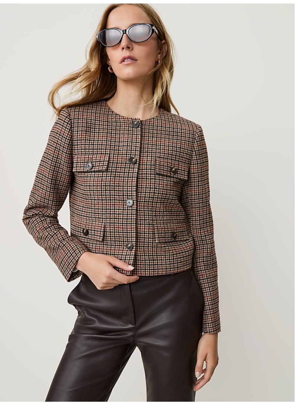 Ann Taylor Brown Houndstooth Cropped Button Jacket